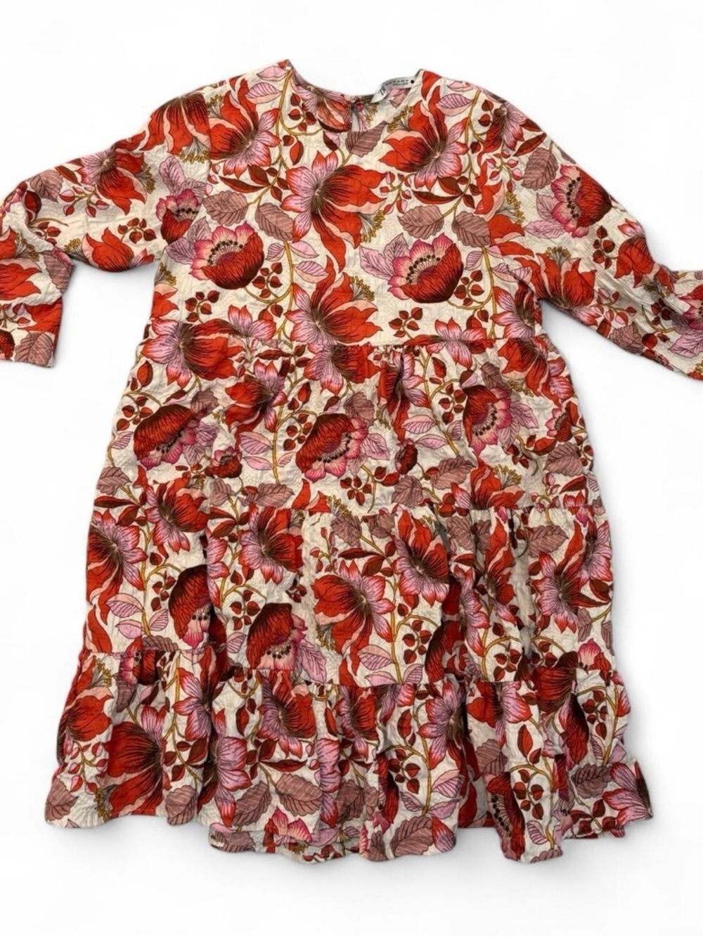 Women’s Floral Red Long-Sleeve Tiered Dress